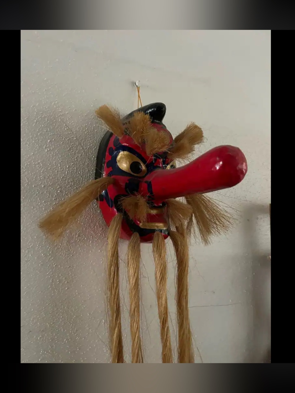 Red Tengu 👺 Mask Wall Hanging with Natural Hair Accents